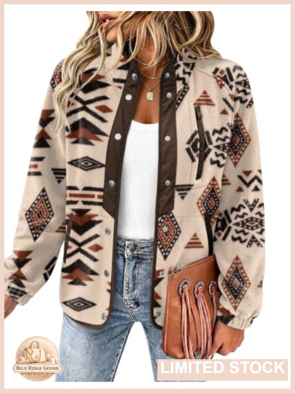 Snap Button Fleece Jacket Western Aztec Print Stand Collar